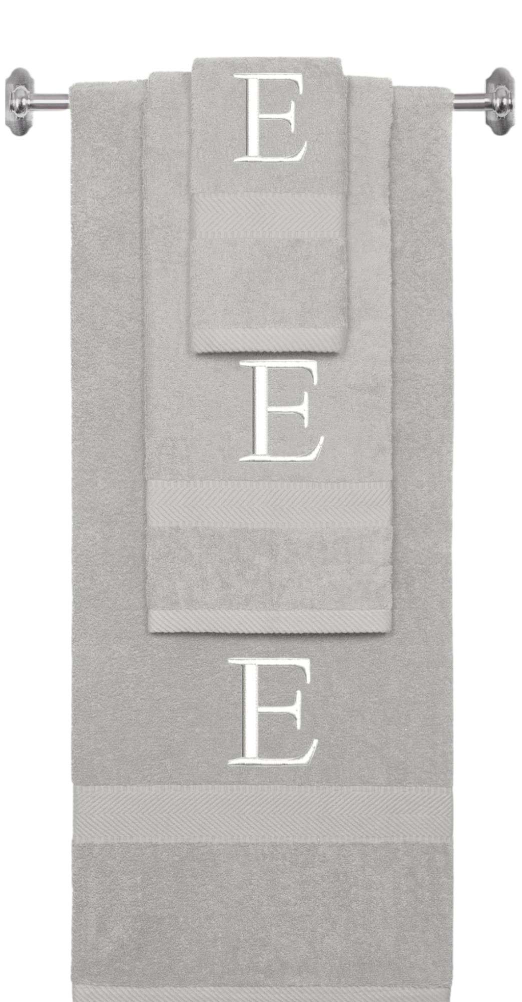 Silver monogrammed towel set with White thread, Times New Roman font, initial E - 540 GSM cotton 3-piece