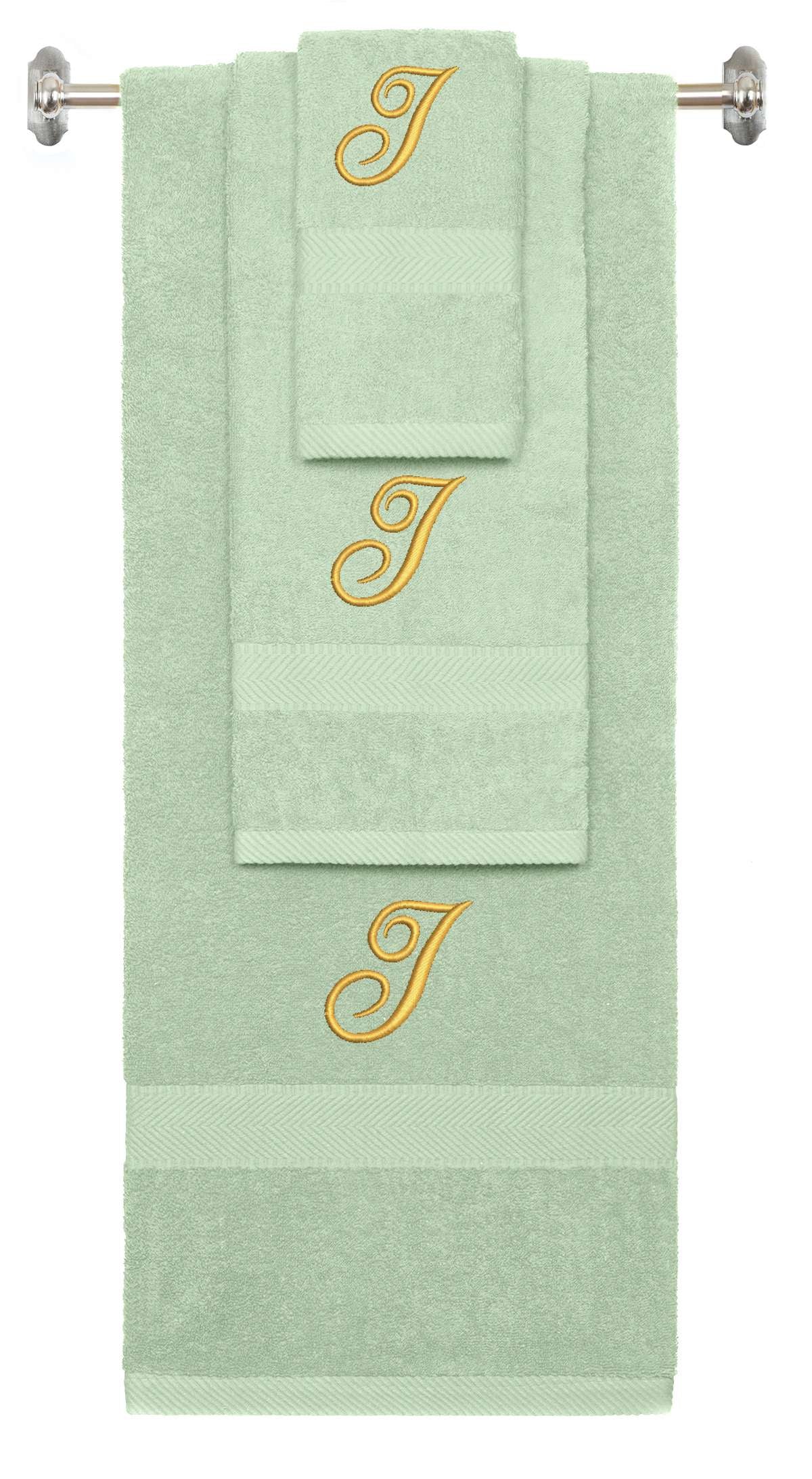 Mint Green monogrammed towel set with Gold thread, Diana Script font, initial I - 540 GSM cotton 3-piece