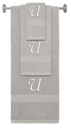 Silver monogrammed towel set with White thread, Chancery font, initial U - 540 GSM cotton 3-piece