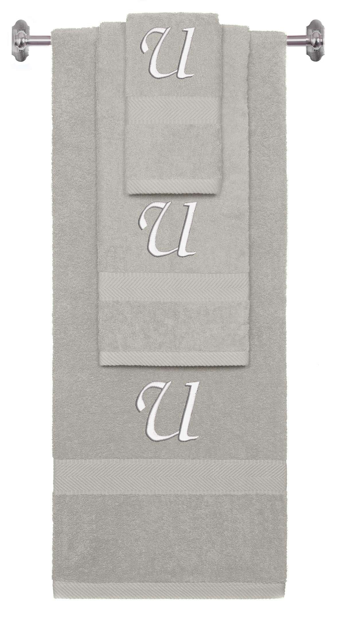 Silver monogrammed towel set with White thread, Chancery font, initial U - 540 GSM cotton 3-piece