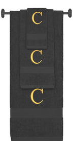 Charcoal monogrammed towel set with Gold thread, Times New Roman font, initial C - 540 GSM cotton 3-piece