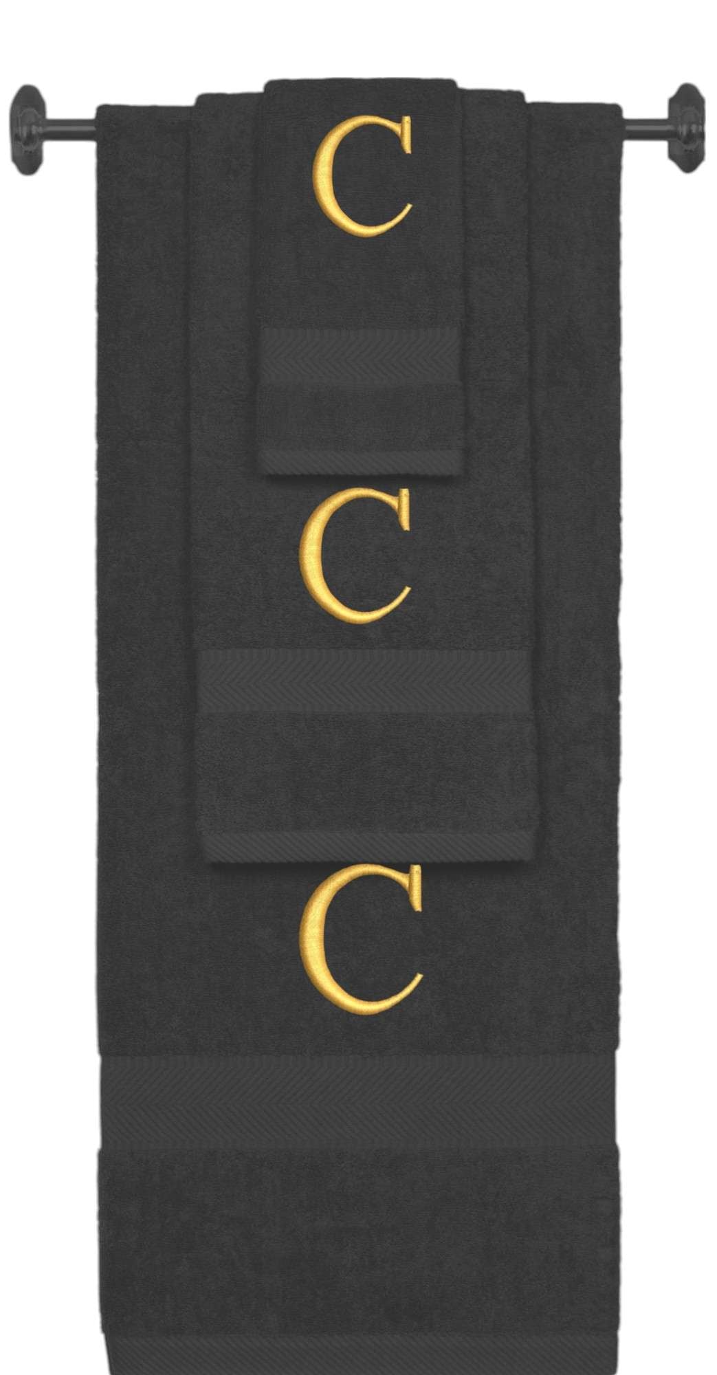Charcoal monogrammed towel set with Gold thread, Times New Roman font, initial C - 540 GSM cotton 3-piece