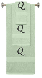 Mint Green monogrammed towel set with Black thread, Chancery font, initial Q - 540 GSM cotton 3-piece