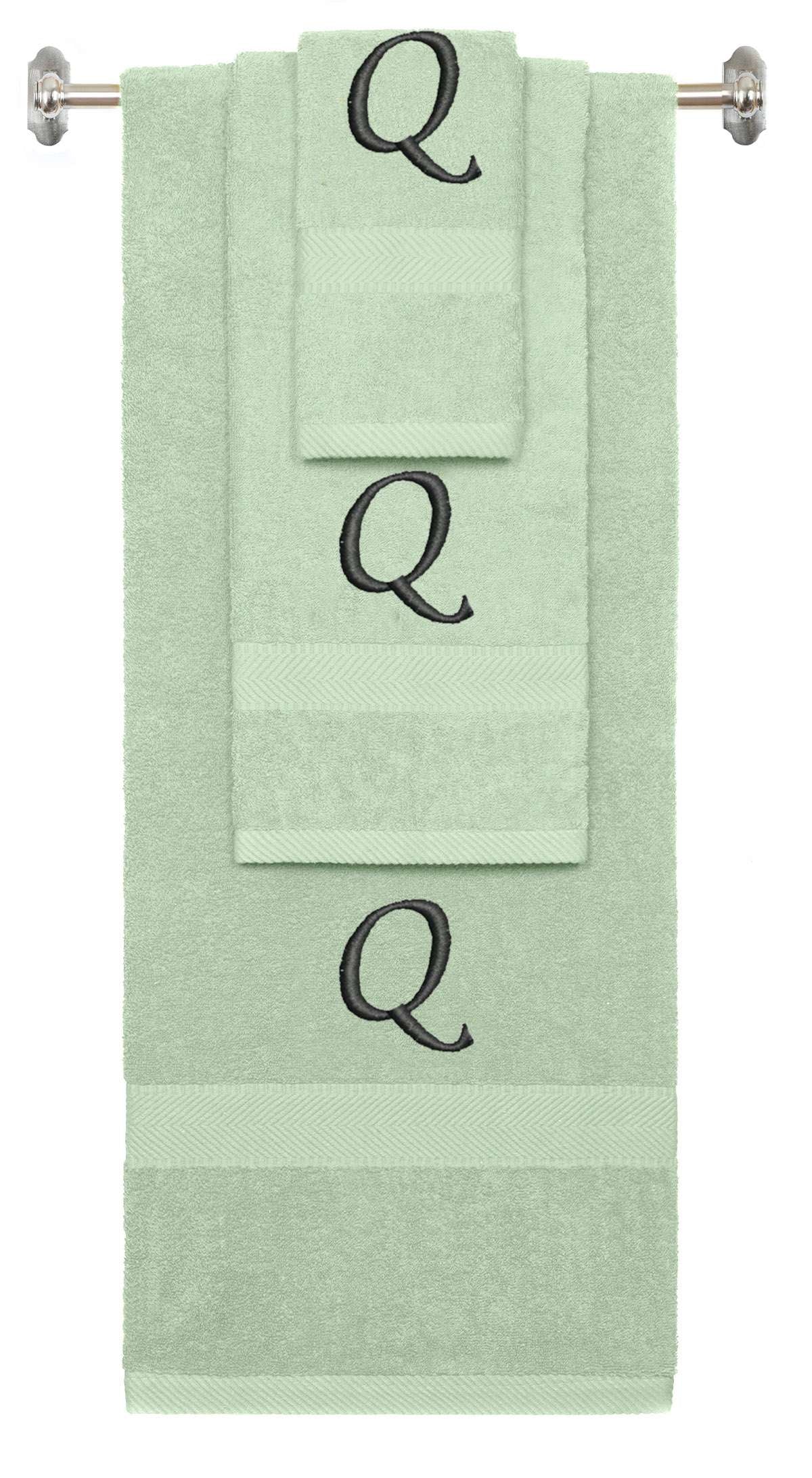 Mint Green monogrammed towel set with Black thread, Chancery font, initial Q - 540 GSM cotton 3-piece