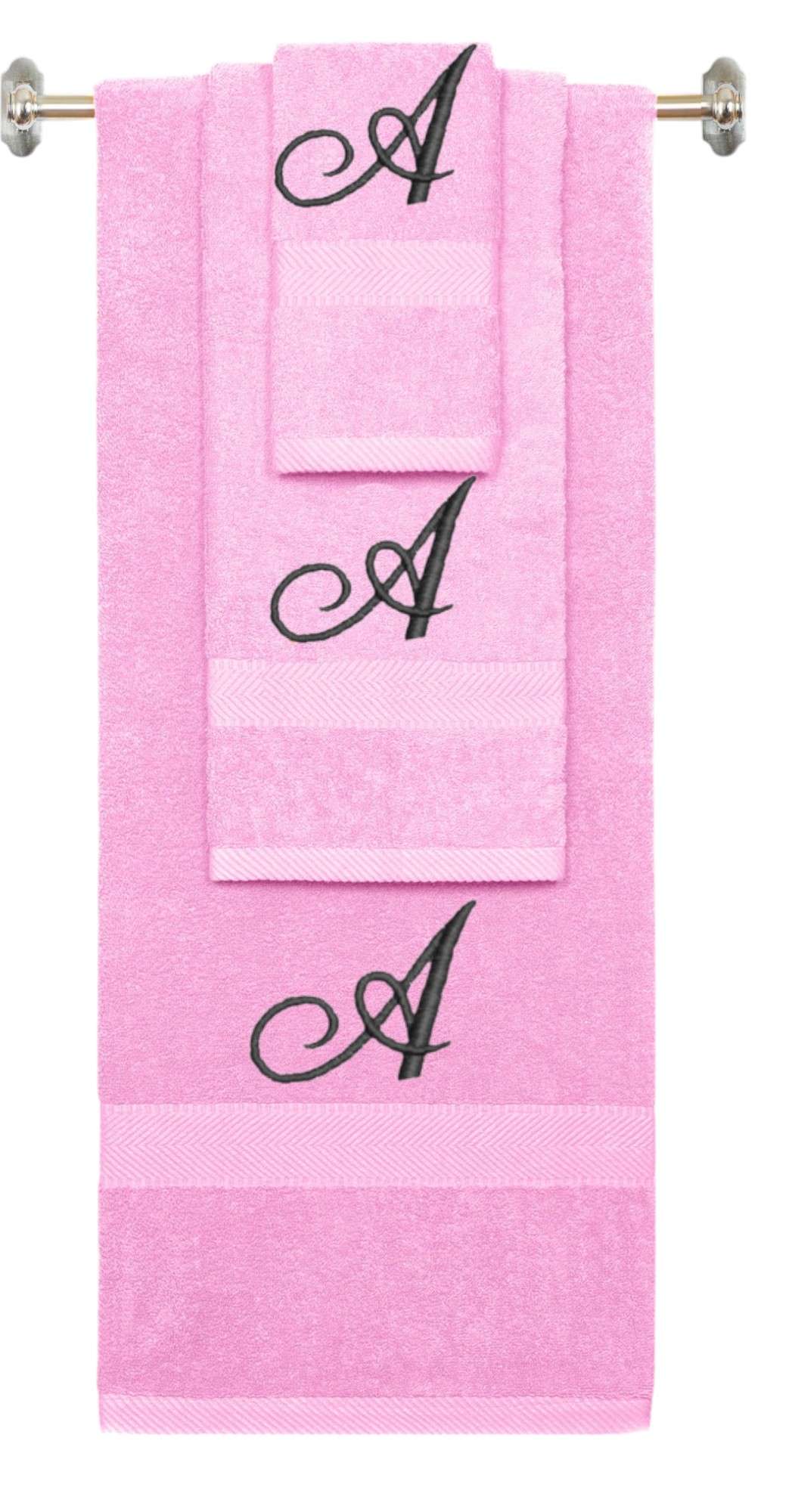 Pink monogrammed towel set with Black thread, Diana Script font, initial A - 540 GSM cotton 3-piece