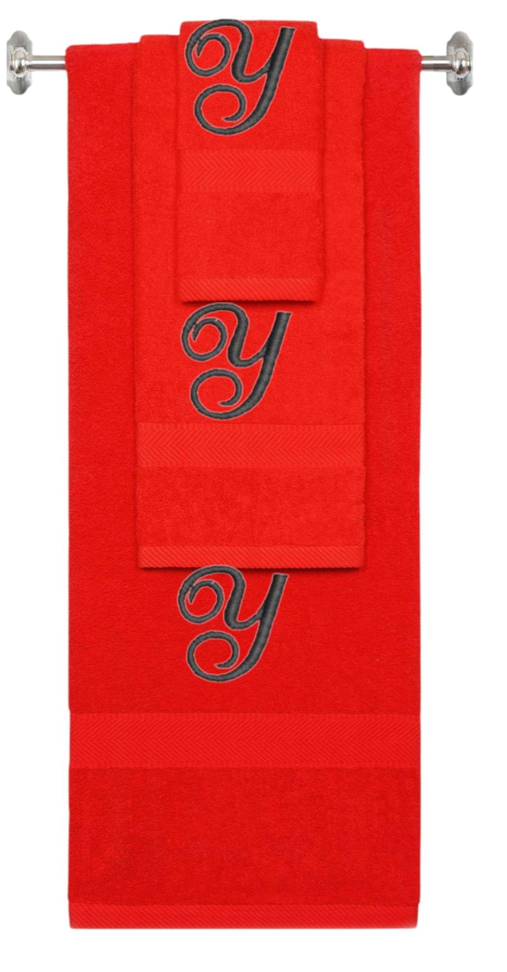Red monogrammed towel set with Black thread, Diana Script font, initial Y - 540 GSM cotton 3-piece