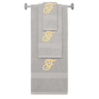 Silver monogrammed towel set with Gold thread, Diana Script font, initial F - 540 GSM cotton 3-piece
