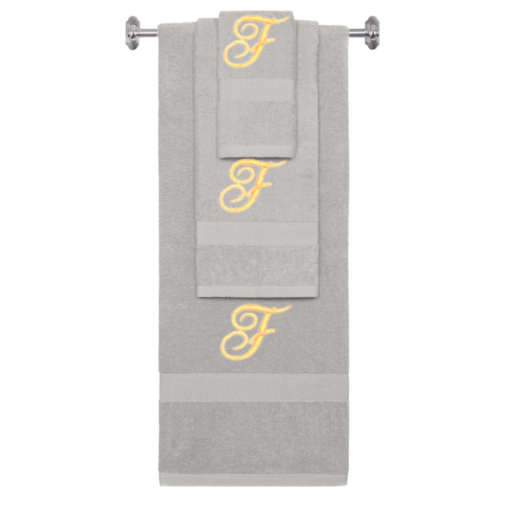 Silver monogrammed towel set with Gold thread, Diana Script font, initial F - 540 GSM cotton 3-piece