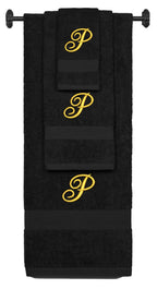 Black monogrammed towel set with Gold thread, Diana Script font, initial P - 540 GSM cotton 3-piece