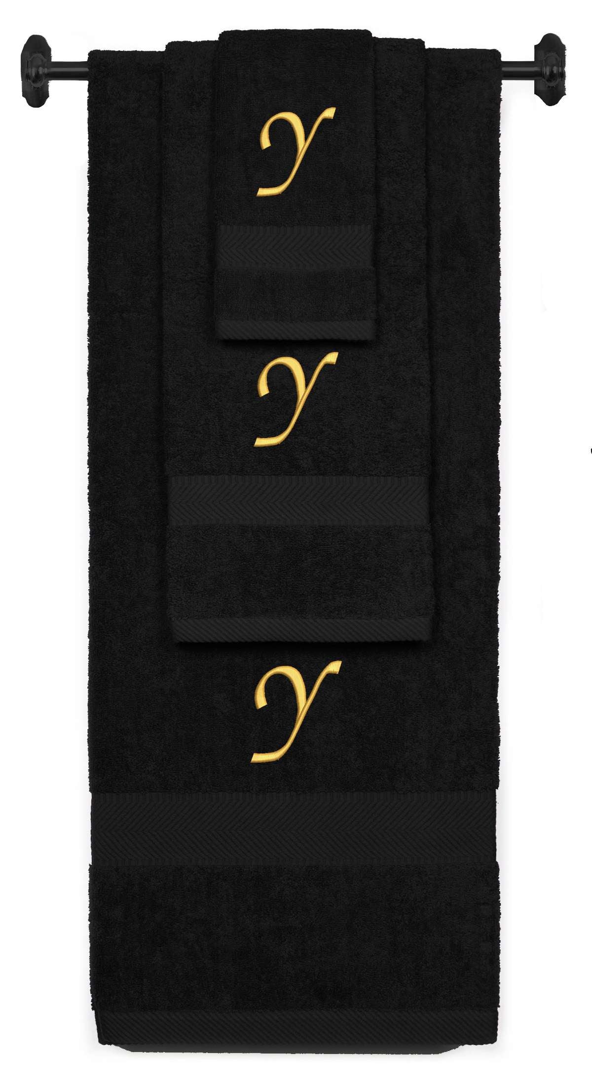 Black monogrammed towel set with Gold thread, Chancery font, initial Y - 540 GSM cotton 3-piece