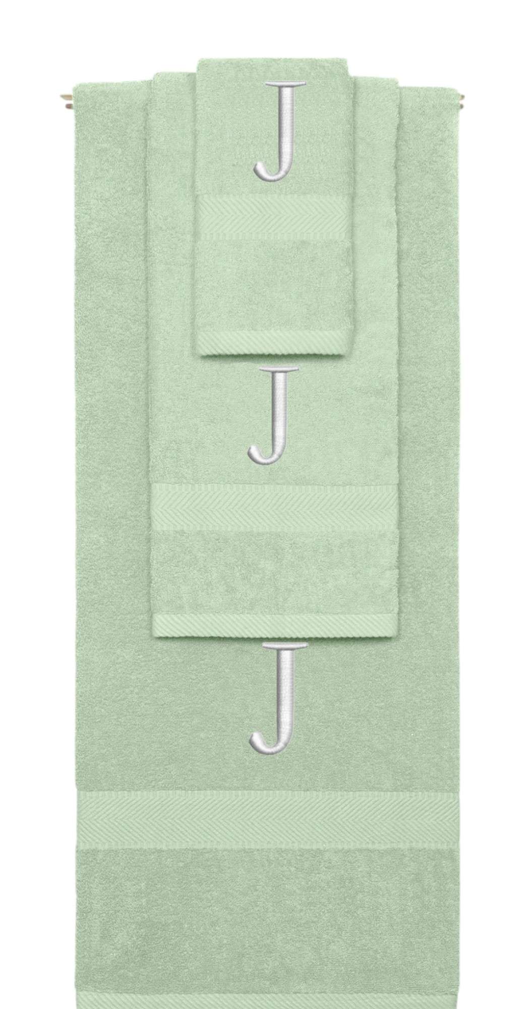 Mint Green monogrammed towel set with Silver thread, Times New Roman font, initial J - 540 GSM cotton 3-piece