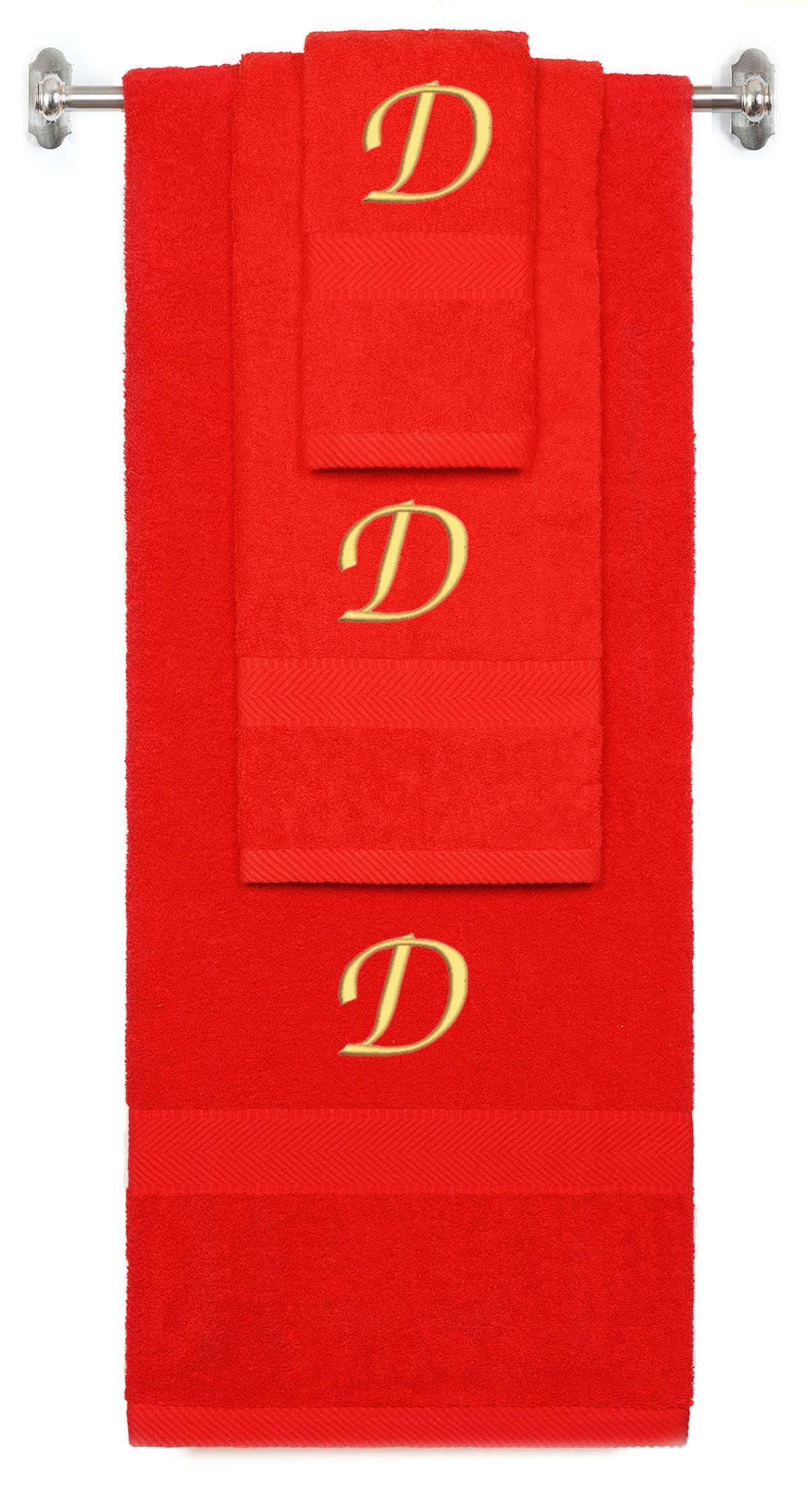 Red monogrammed towel set with Gold thread, Chancery font, initial D - 540 GSM cotton 3-piece
