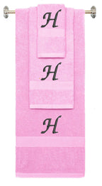 Pink monogrammed towel set with Black thread, Chancery font, initial H - 540 GSM cotton 3-piece