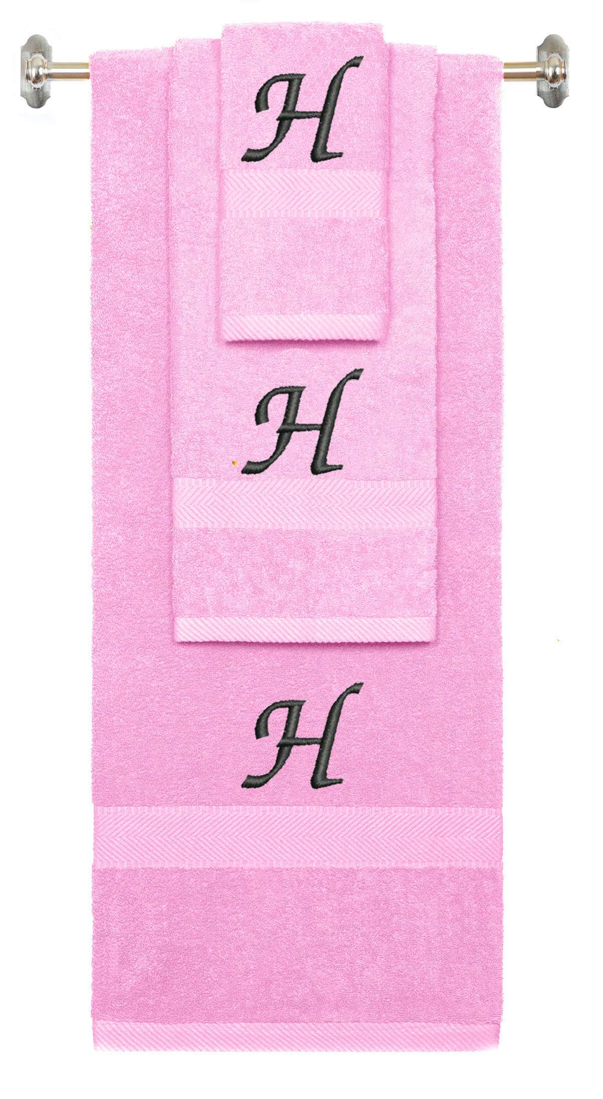 Pink monogrammed towel set with Black thread, Chancery font, initial H - 540 GSM cotton 3-piece