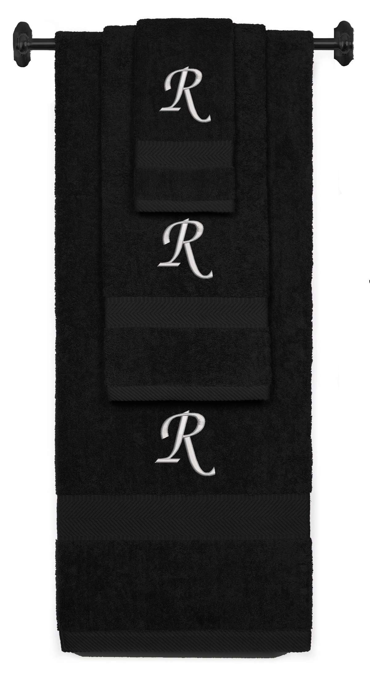 Black monogrammed towel set with Silver thread, Chancery font, initial R - 540 GSM cotton 3-piece