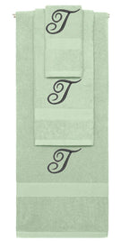 Mint Green monogrammed towel set with Black thread, Diana Script font, initial T - 540 GSM cotton 3-piece