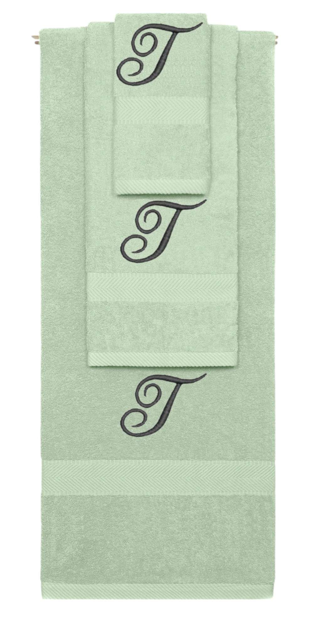 Mint Green monogrammed towel set with Black thread, Diana Script font, initial T - 540 GSM cotton 3-piece