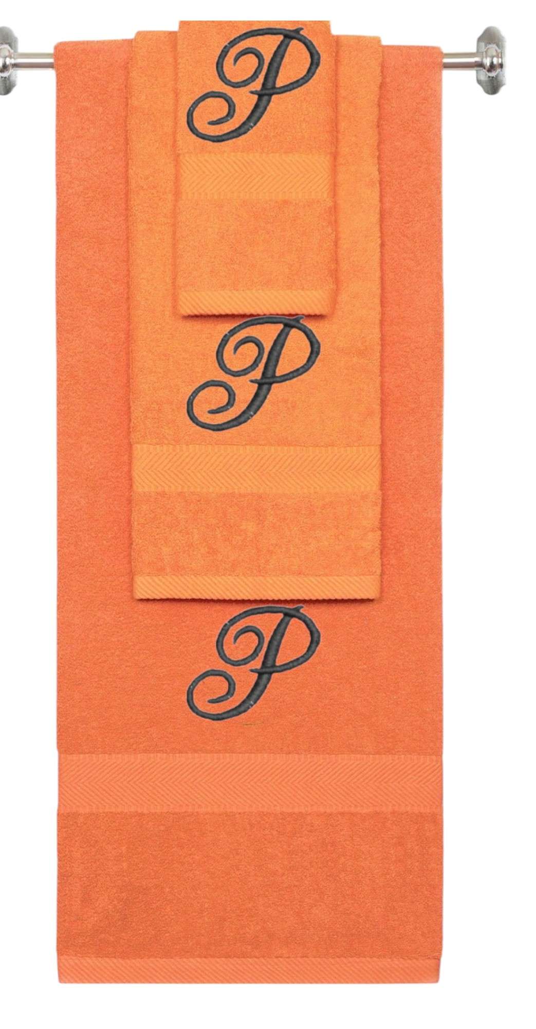 Orange monogrammed towel set with Black thread, Diana Script font, initial P - 540 GSM cotton 3-piece