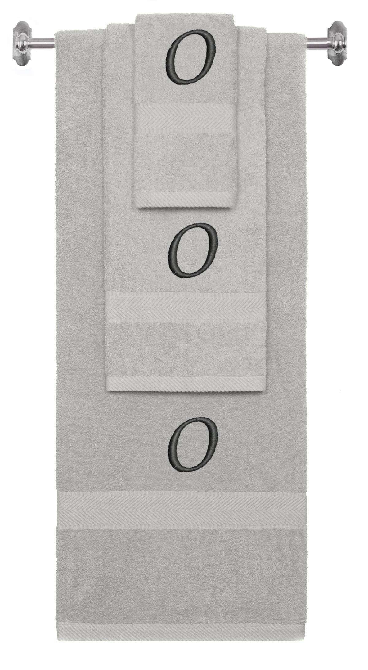 Silver monogrammed towel set with Black thread, Chancery font, initial O - 540 GSM cotton 3-piece