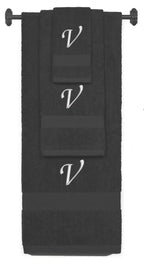 Charcoal monogrammed towel set with Silver thread, Chancery font, initial V - 540 GSM cotton 3-piece