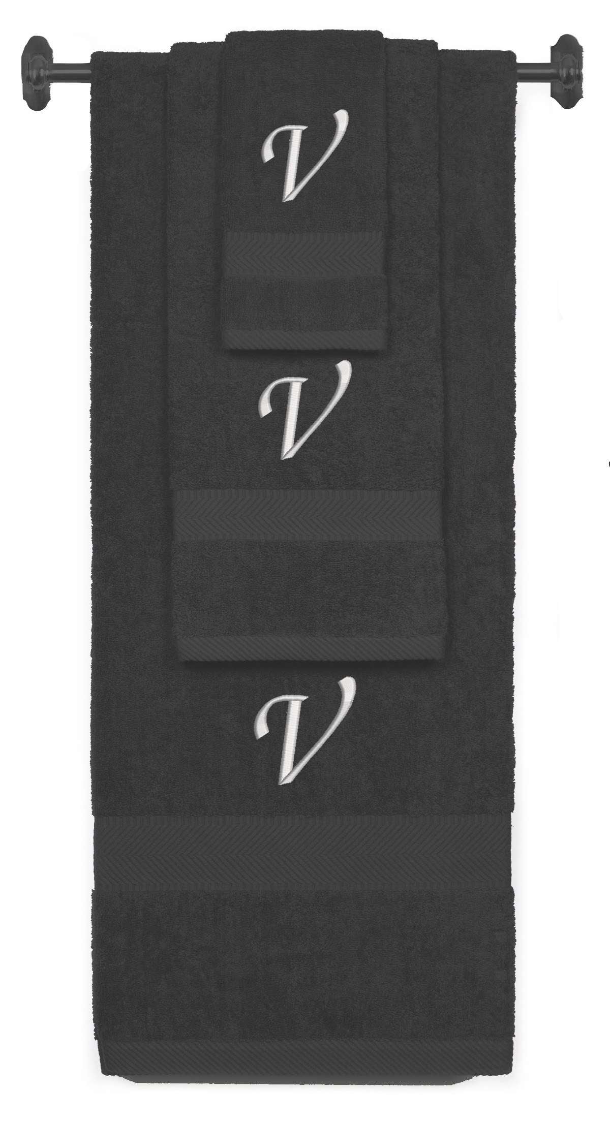 Charcoal monogrammed towel set with Silver thread, Chancery font, initial V - 540 GSM cotton 3-piece