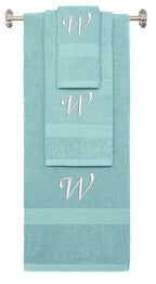 Nautical Teal monogrammed towel set with White thread, Chancery font, initial W - 540 GSM cotton 3-piece