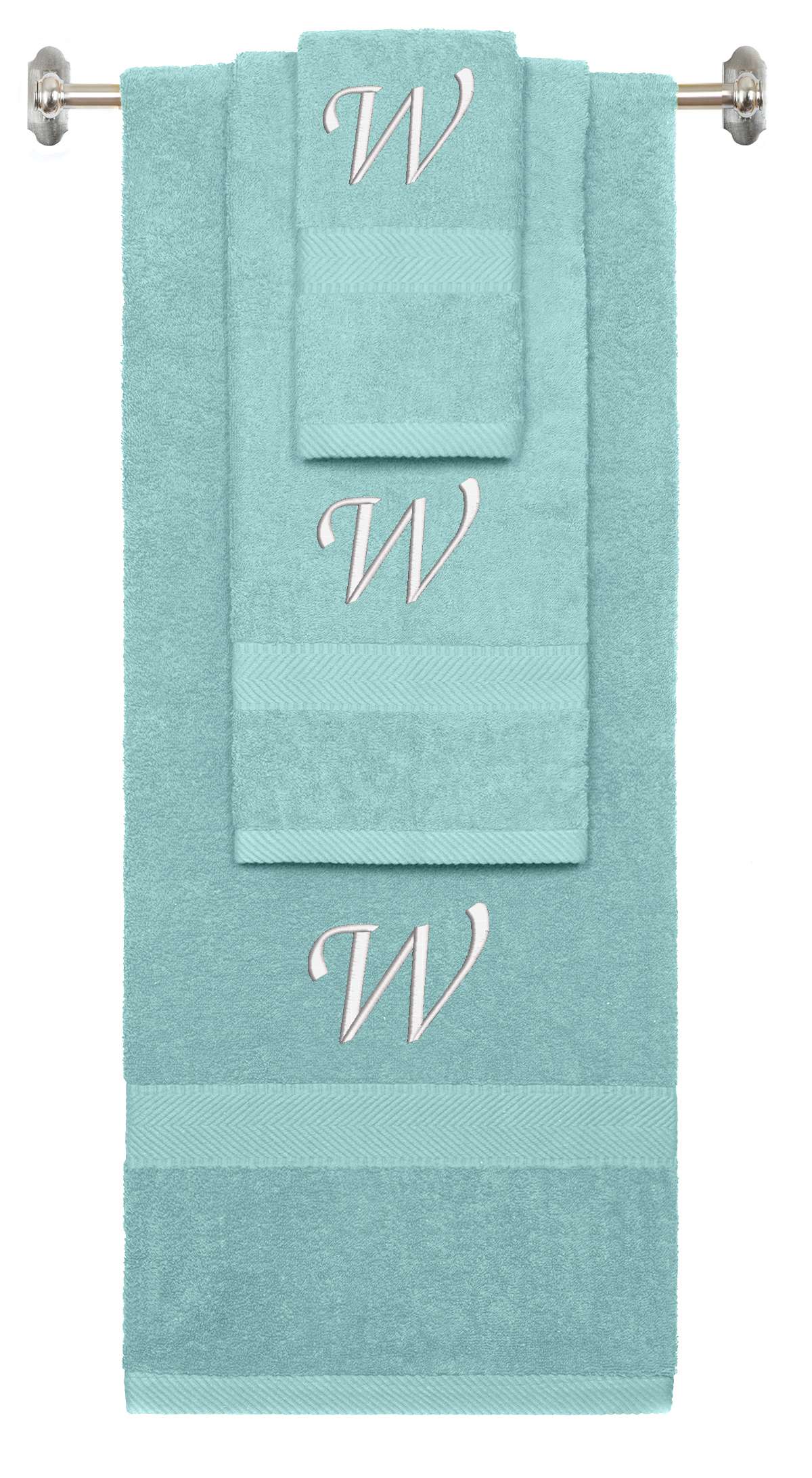 Nautical Teal monogrammed towel set with White thread, Chancery font, initial W - 540 GSM cotton 3-piece
