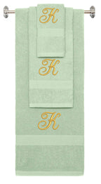 Mint Green monogrammed towel set with Gold thread, Diana Script font, initial K - 540 GSM cotton 3-piece