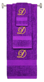 Purple monogrammed towel set with Gold thread, Diana Script font, initial D - 540 GSM cotton 3-piece
