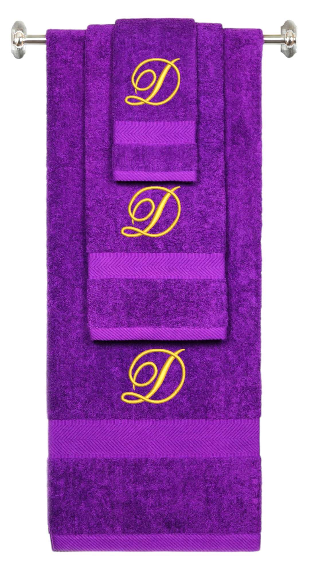 Purple monogrammed towel set with Gold thread, Diana Script font, initial D - 540 GSM cotton 3-piece