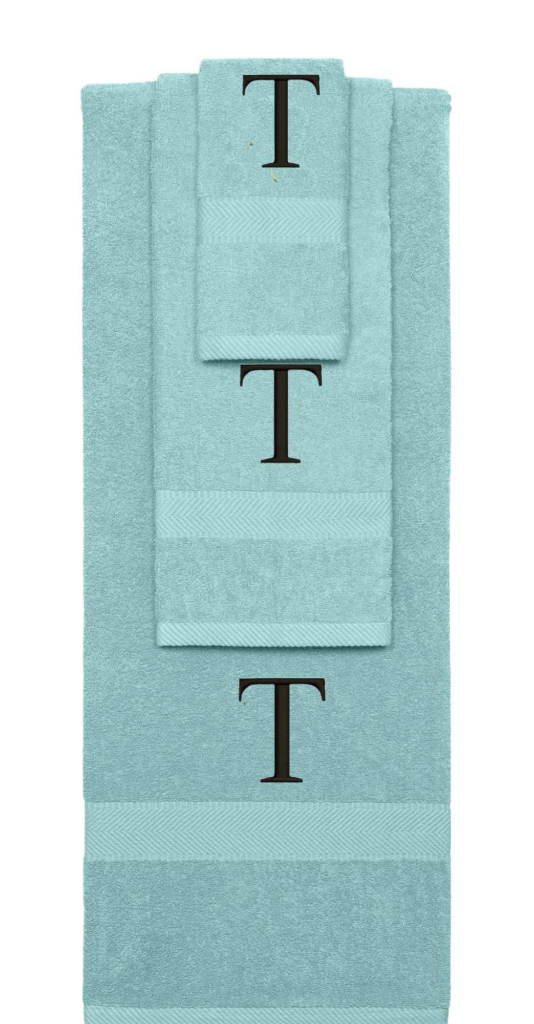 Nautical Teal monogrammed towel set with Black thread, Times New Roman font, initial S - 540 GSM cotton 3-piece