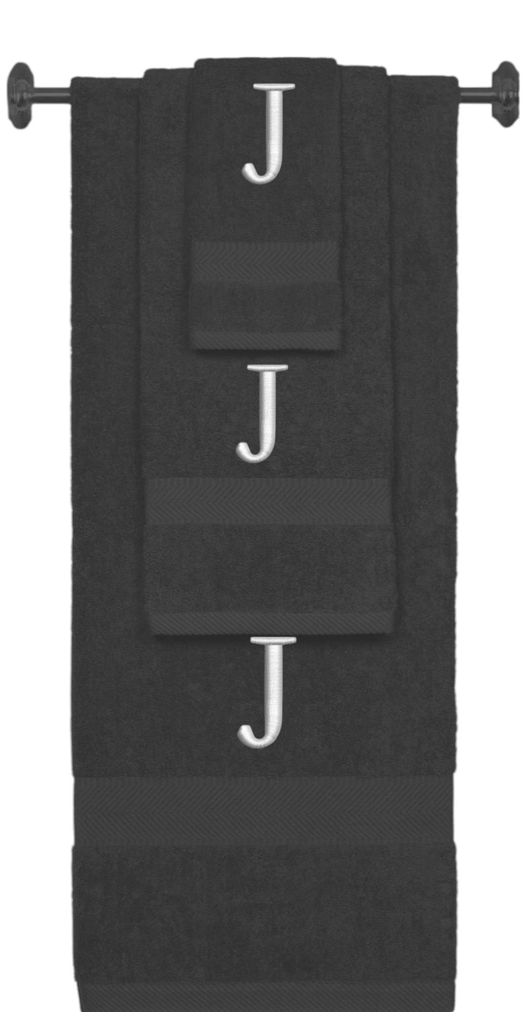 Charcoal monogrammed towel set with Silver thread, Times New Roman font, initial J - 540 GSM cotton 3-piece