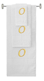 White monogrammed towel set with Gold thread, Chancery font, initial O - 540 GSM cotton 3-piece
