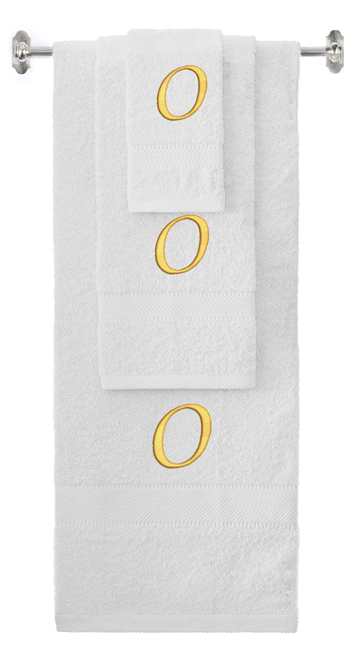 White monogrammed towel set with Gold thread, Chancery font, initial O - 540 GSM cotton 3-piece