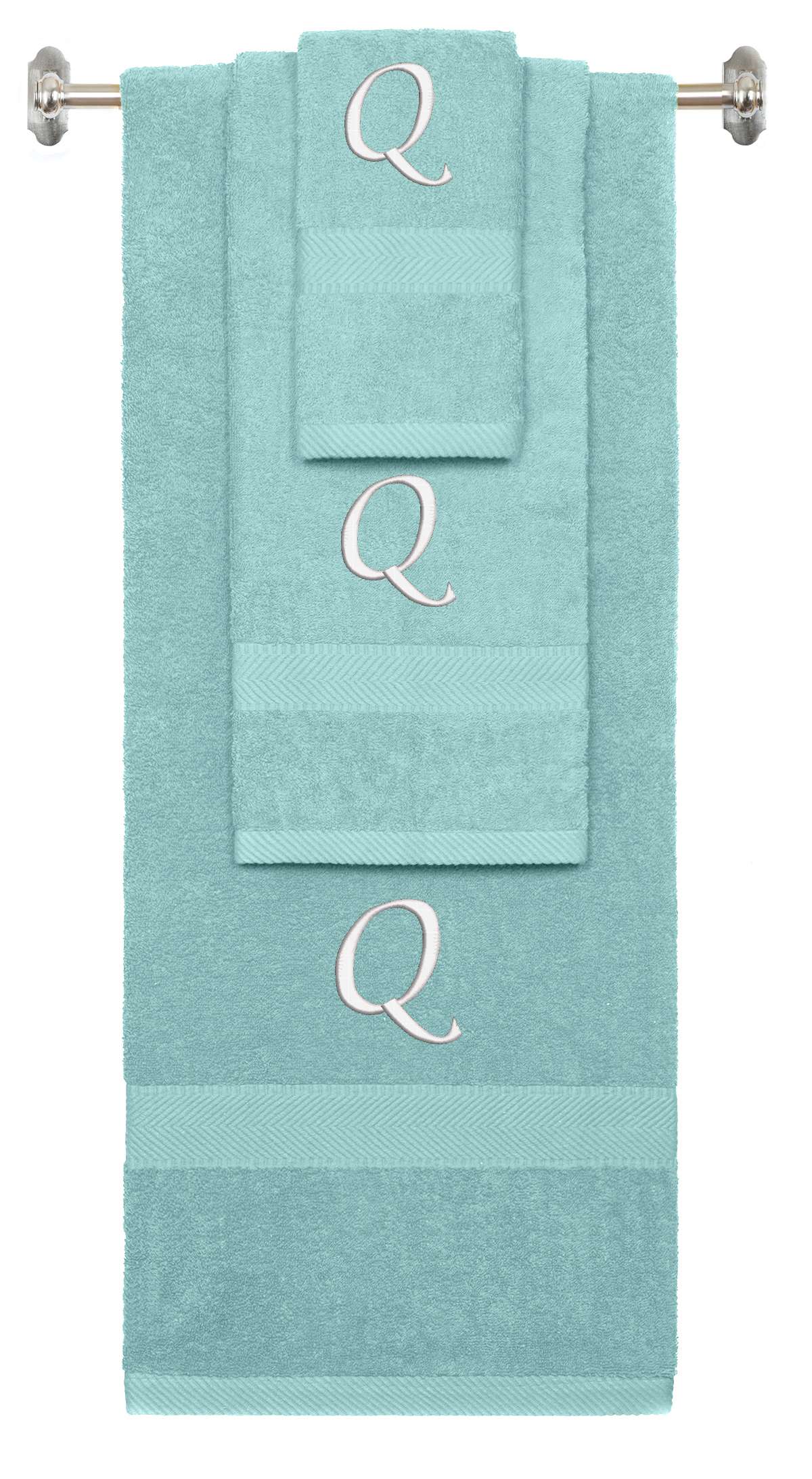 Nautical Teal monogrammed towel set with White thread, Chancery font, initial Q - 540 GSM cotton 3-piece