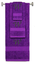 Purple monogrammed towel set with Black thread, Chancery font, initial W - 540 GSM cotton 3-piece