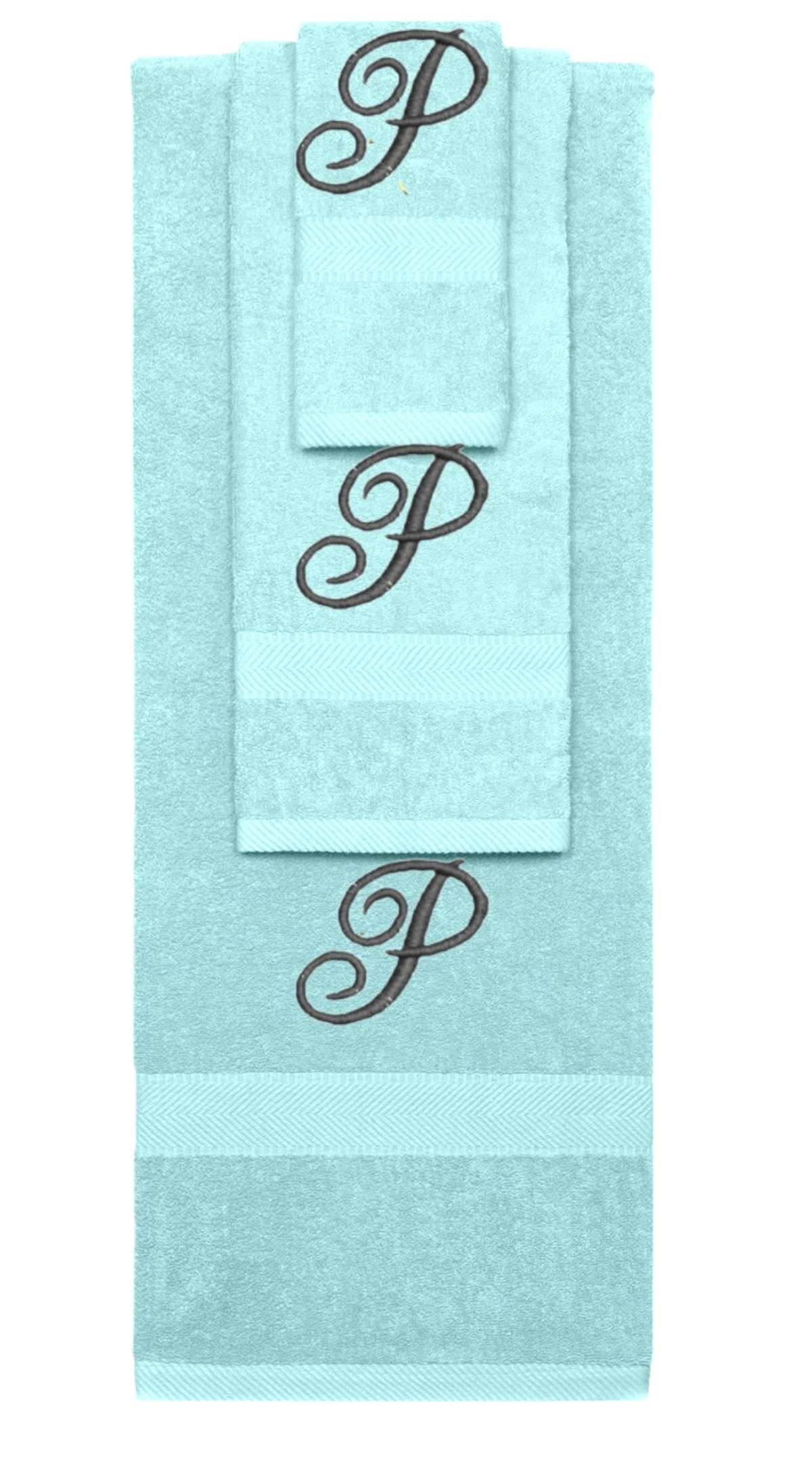 Nautical Teal monogrammed towel set with Black thread, Diana Script font, initial P - 540 GSM cotton 3-piece