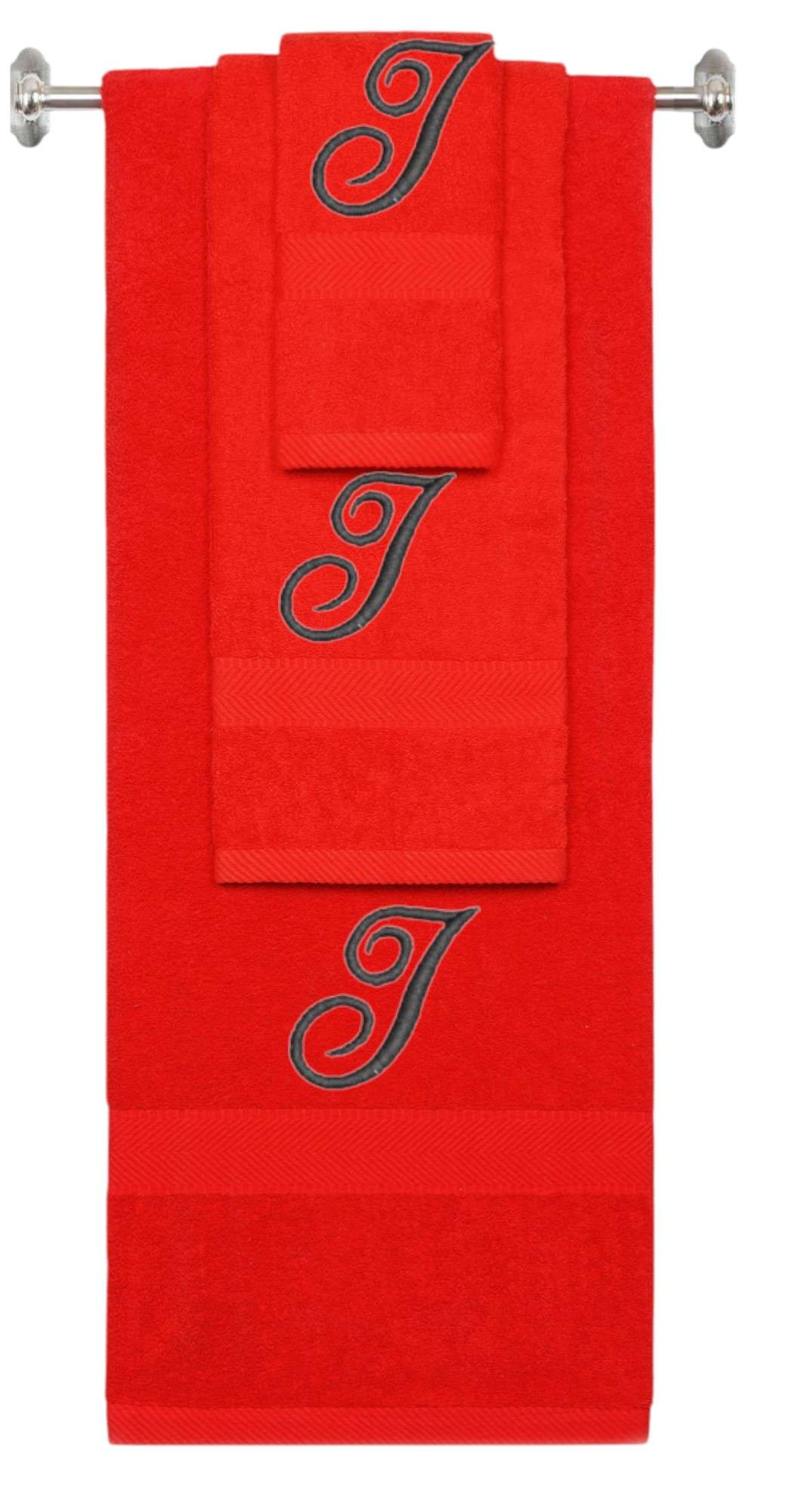 Red monogrammed towel set with Black thread, Diana Script font, initial I - 540 GSM cotton 3-piece