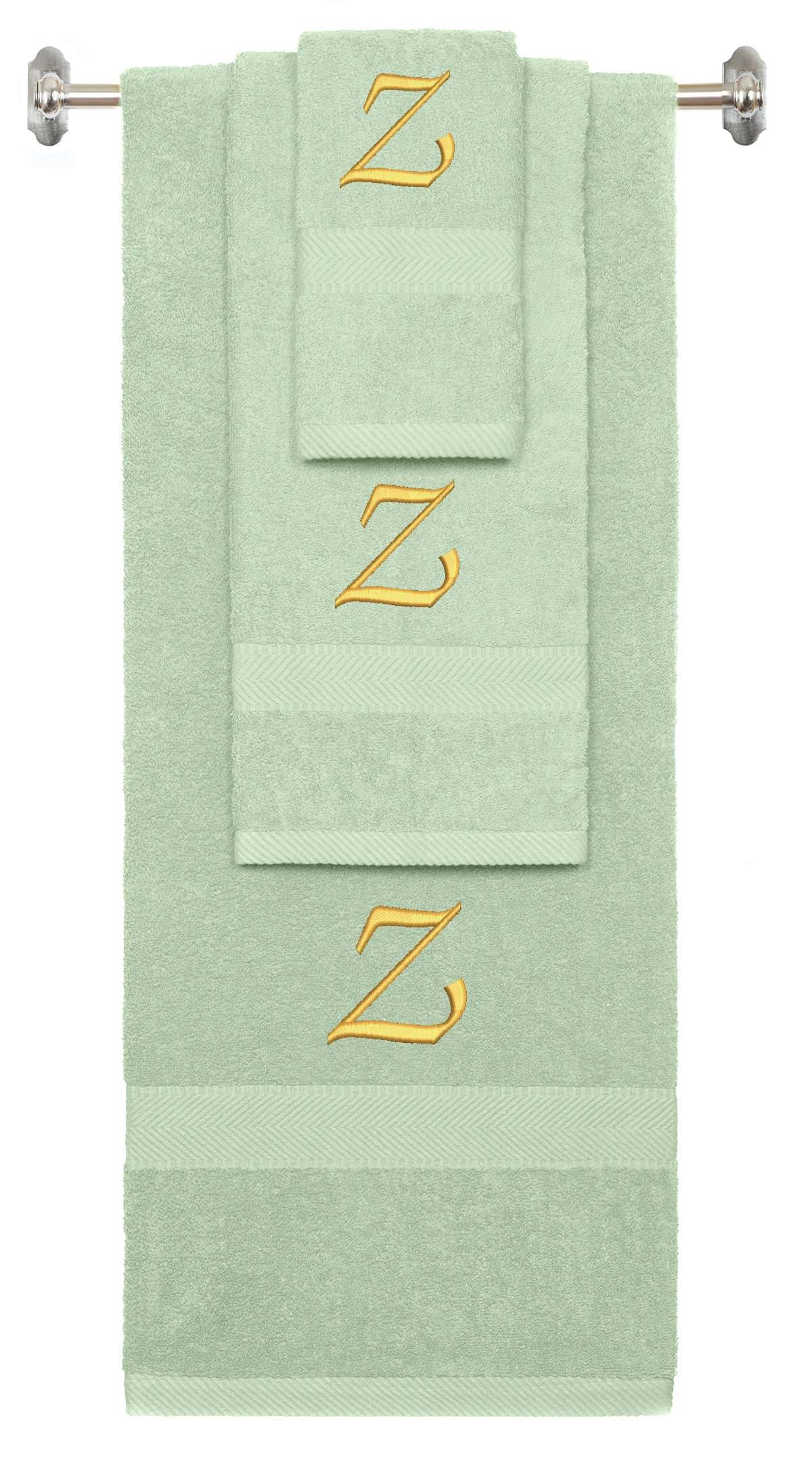 Mint Green monogrammed towel set with Gold thread, Chancery font, initial Z - 540 GSM cotton 3-piece