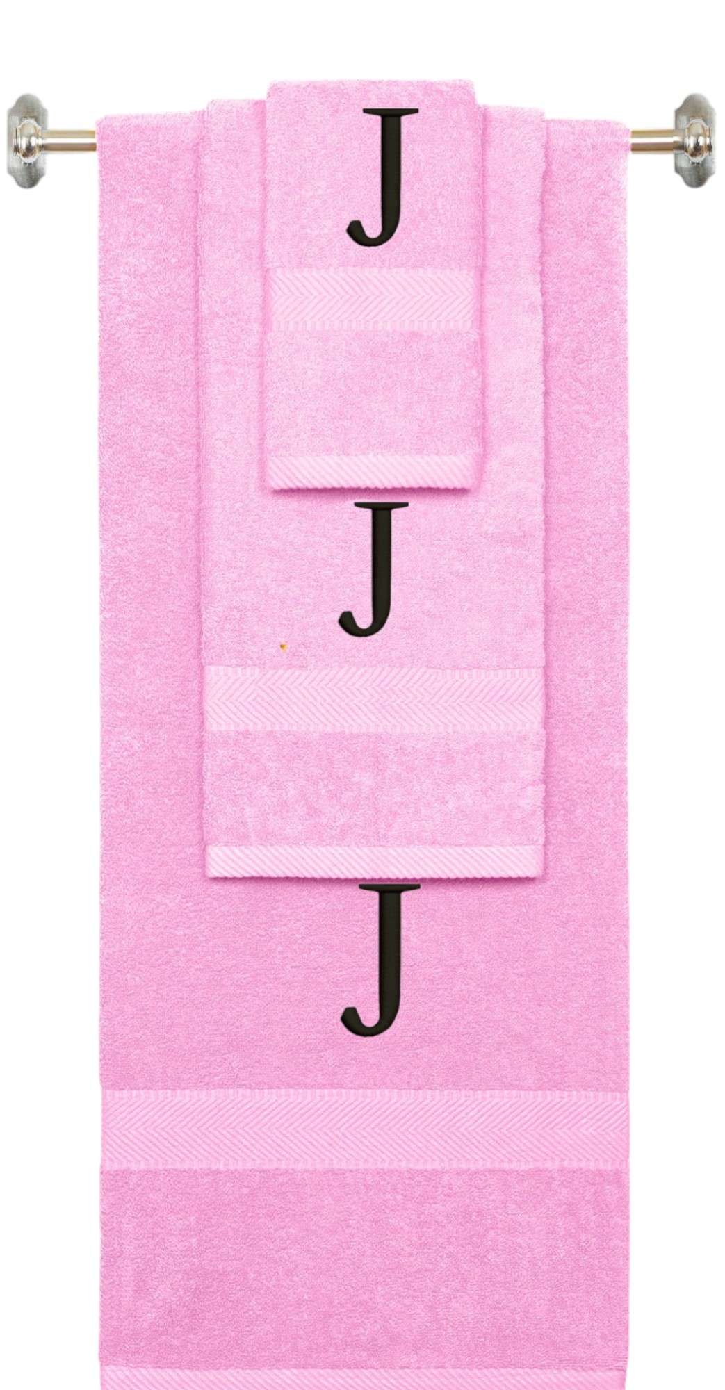 Pink monogrammed towel set with Black thread, Times New Roman font, initial J - 540 GSM cotton 3-piece