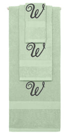 Mint Green monogrammed towel set with Black thread, Diana Script font, initial W - 540 GSM cotton 3-piece