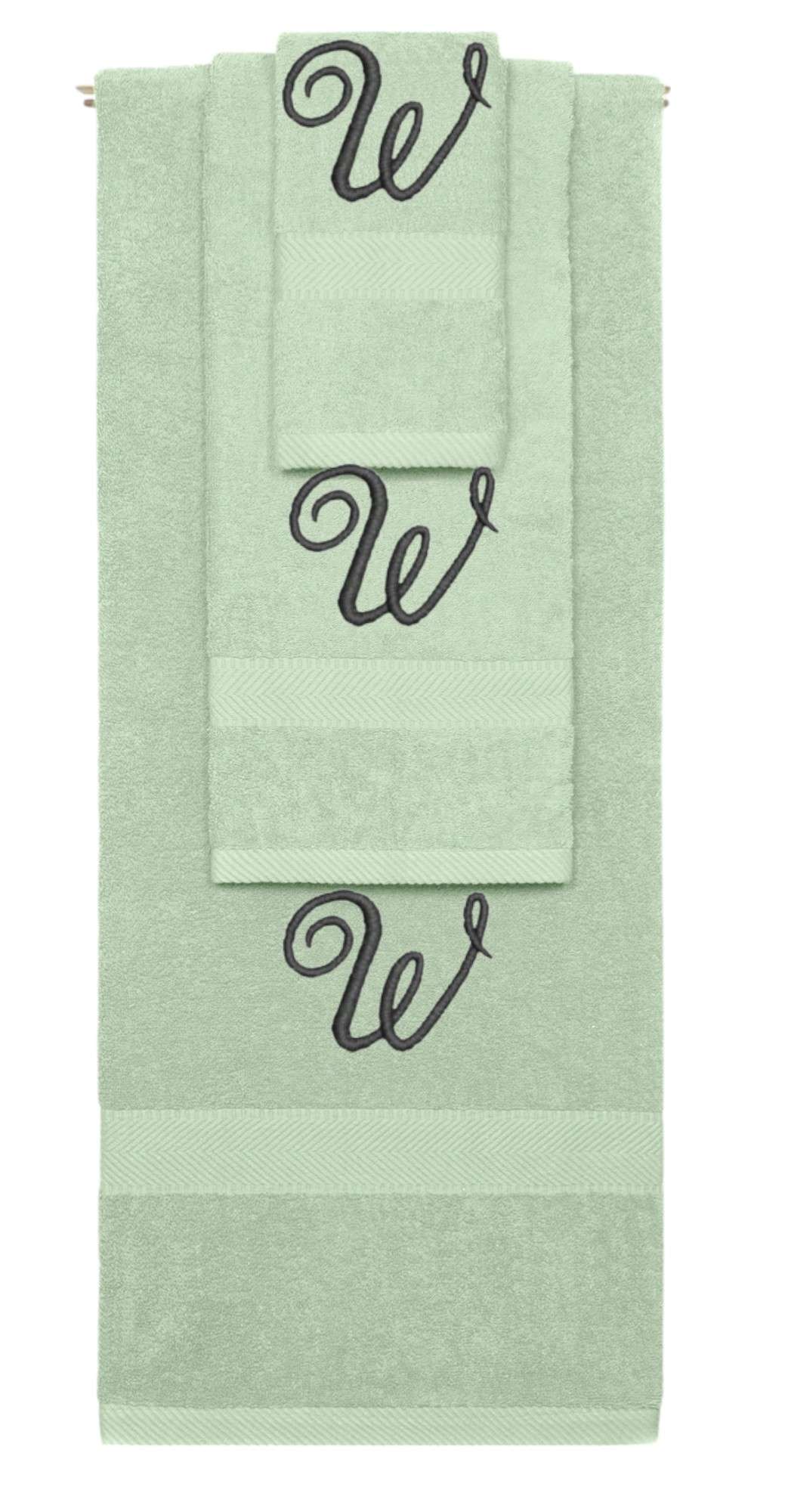 Mint Green monogrammed towel set with Black thread, Diana Script font, initial W - 540 GSM cotton 3-piece