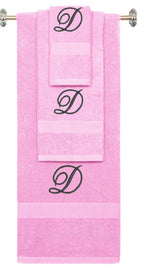 Pink monogrammed towel set with Black thread, Diana Script font, initial D - 540 GSM cotton 3-piece