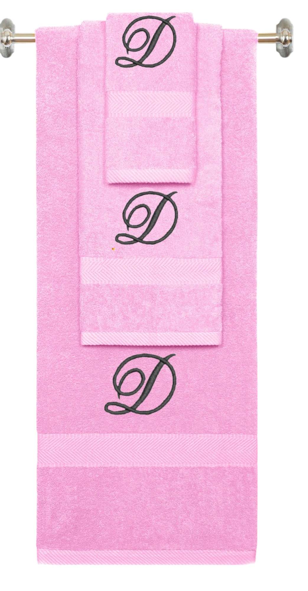 Pink monogrammed towel set with Black thread, Diana Script font, initial D - 540 GSM cotton 3-piece