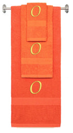 Orange monogrammed towel set with Gold thread, Chancery font, initial O - 540 GSM cotton 3-piece