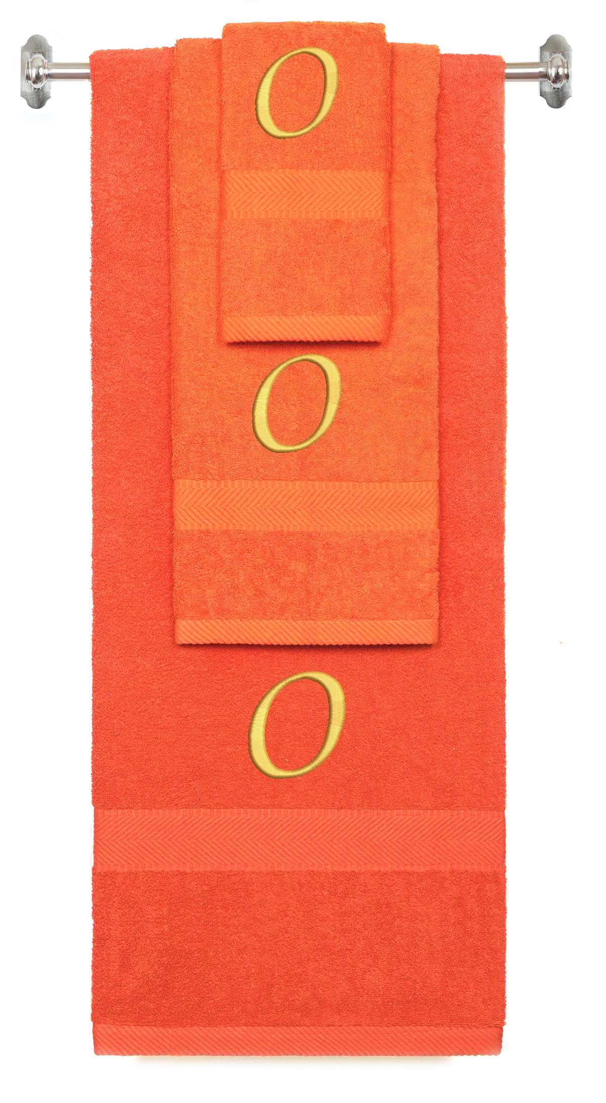 Orange monogrammed towel set with Gold thread, Chancery font, initial O - 540 GSM cotton 3-piece