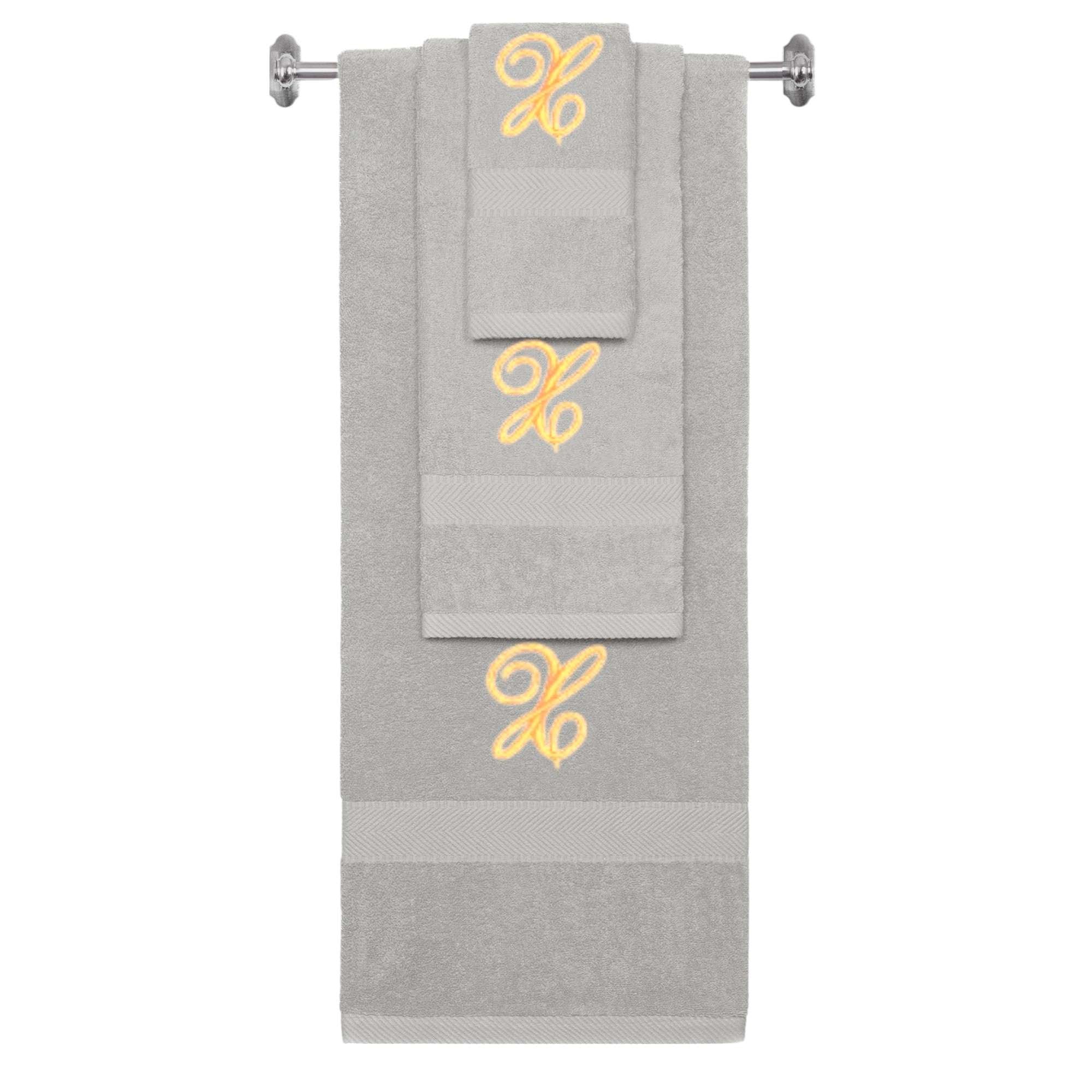 Silver monogrammed towel set with Gold thread, Diana Script font, initial X - 540 GSM cotton 3-piece