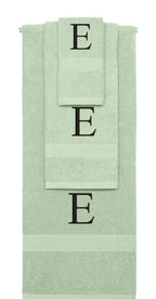 Mint Green monogrammed towel set with Black thread, Times New Roman font, initial E - 540 GSM cotton 3-piece