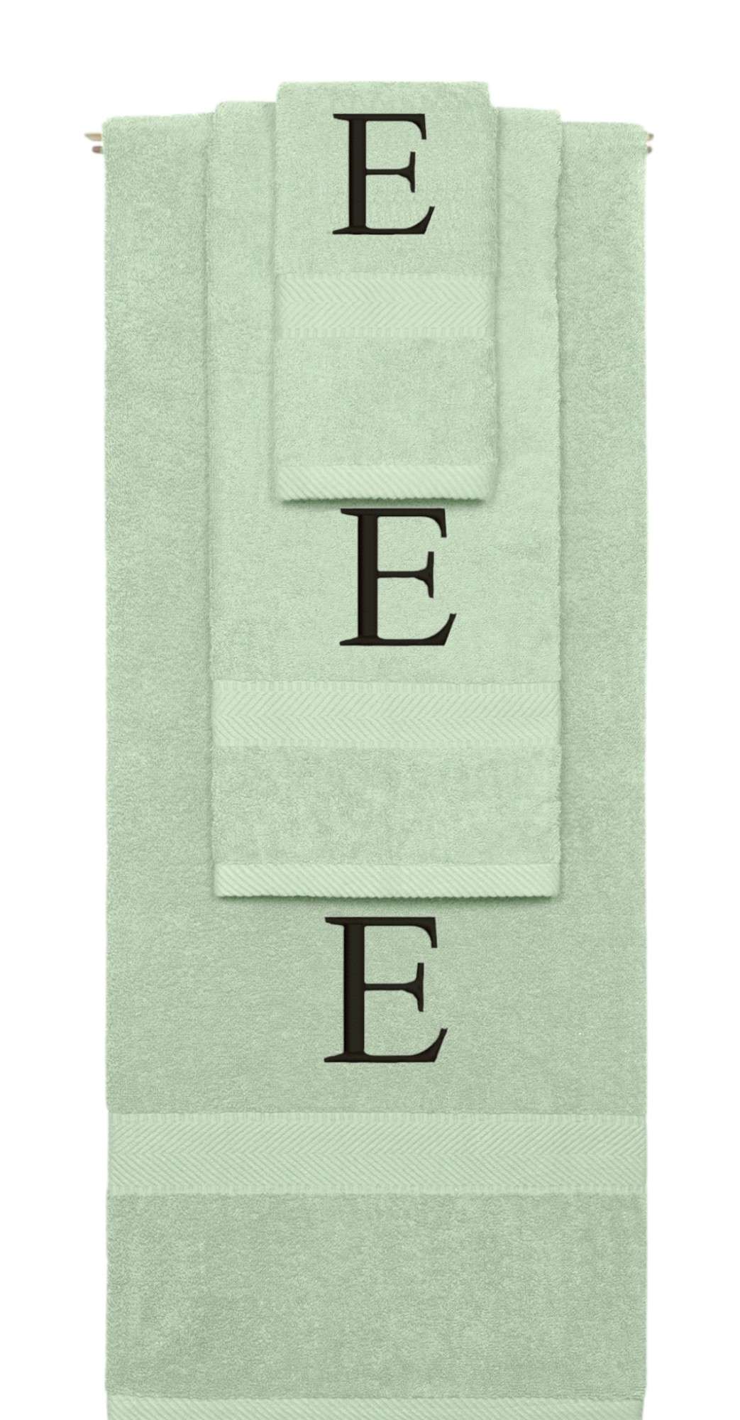 Mint Green monogrammed towel set with Black thread, Times New Roman font, initial E - 540 GSM cotton 3-piece