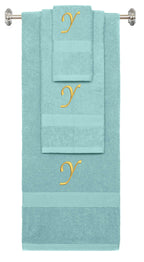 Nautical Teal monogrammed towel set with Gold thread, Chancery font, initial Z - 540 GSM cotton 3-piece